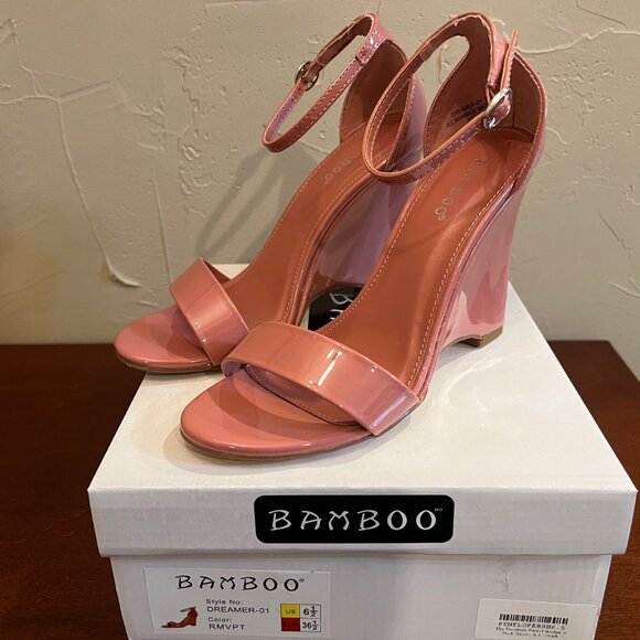 Women's Bamboo Pink Patent Wedge Sandals - Ankle Strap - Size 6.5 - Picture 1 of 6